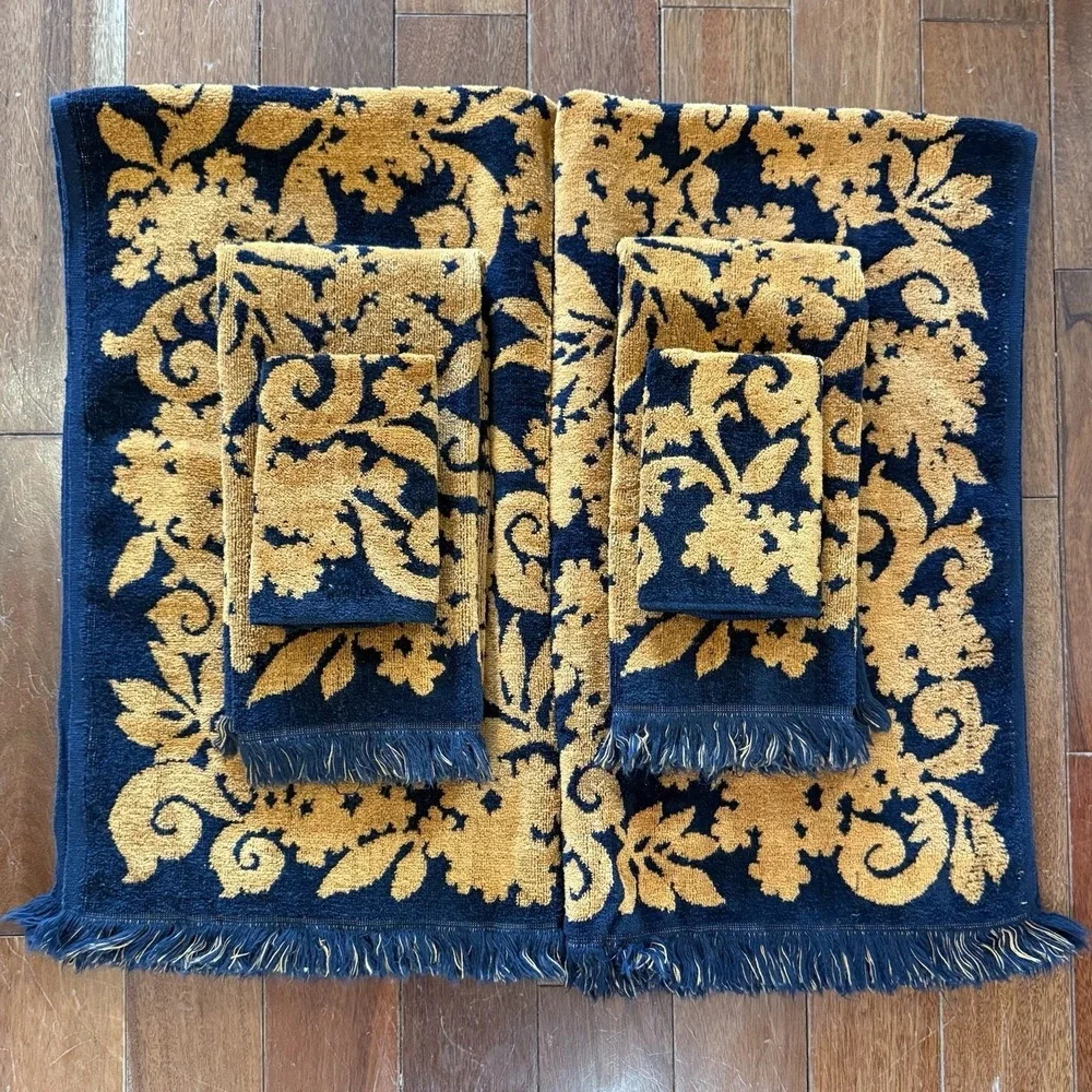 6pc VTG 1960s MCM Springmaid Orange Black Damask Bath Towel Set Hand Washcloth